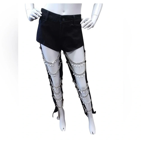 Beulah Chain Linked Pearl Embellished  Black Straight Leg Jeans Size Medium - Picture 2 of 14